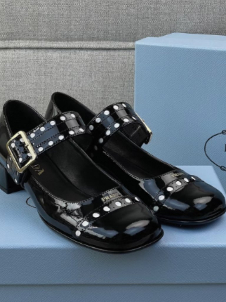 Prada Black Patent Leather Studded Mary Jane Heels
